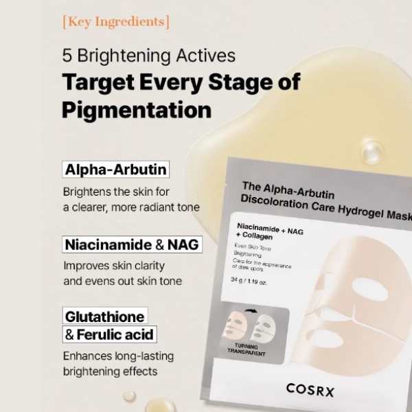 COSRX The Alpha-Arbutin Discoloration Care Hydrogel Mask 34g 3 COSRX The Alpha-Arbutin Discoloration Care Hydrogel Mask ingrendients