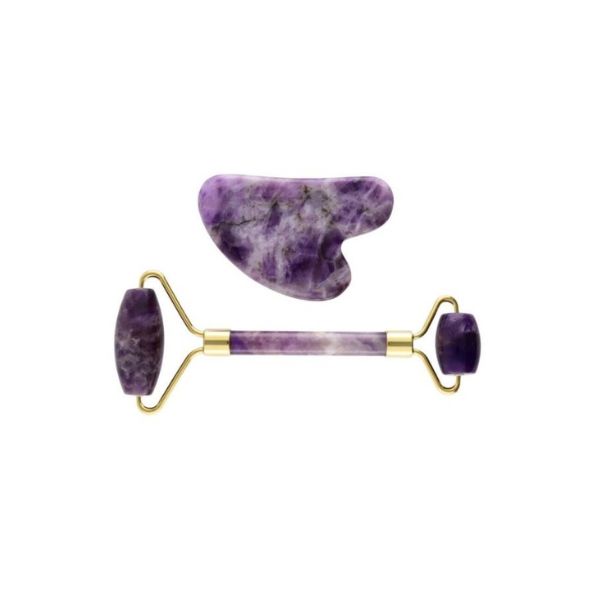 GUA SHA E ROLLER VISO SET Ametista 2 GUA SHA E ROLLER VISO SET Ametista duo